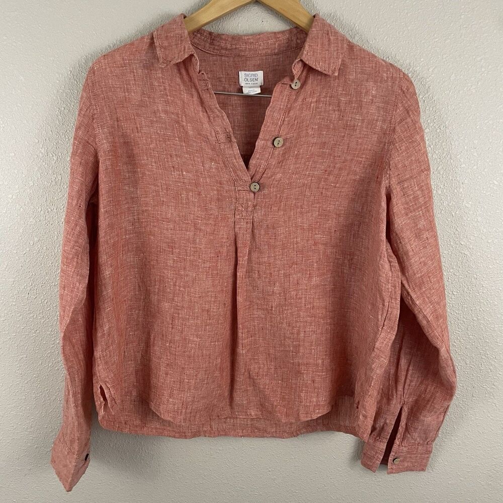 Sigrid Olson Size S Orange 100% Linen Popover Boxy Blouse Beachy Relaxed Collar